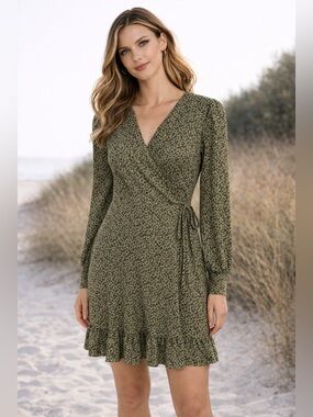 Kaileigh Olive Floral Wrap Dress Long Sleeve Ruffle Hem Large